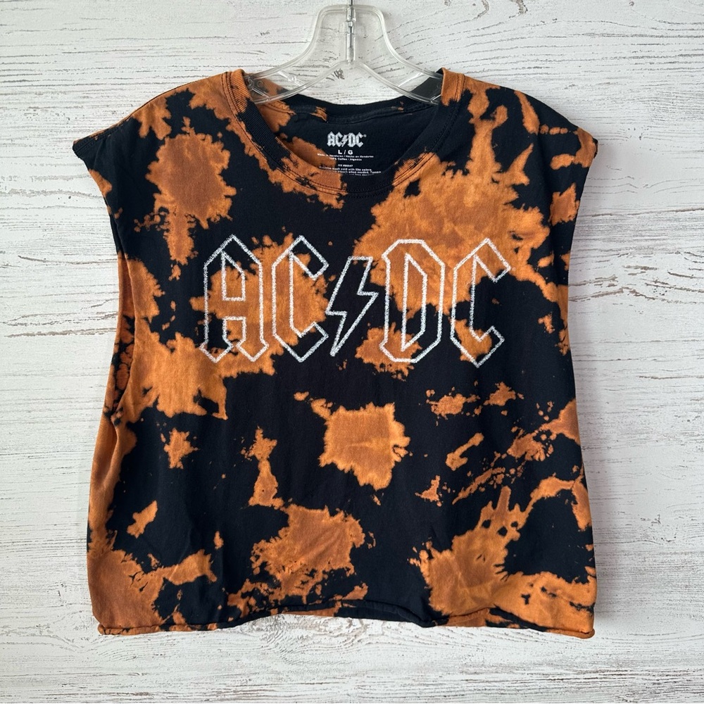 *3/$20* AC/DC Bleach Dye Cropped Muscle Tank Tee Shirt L Black